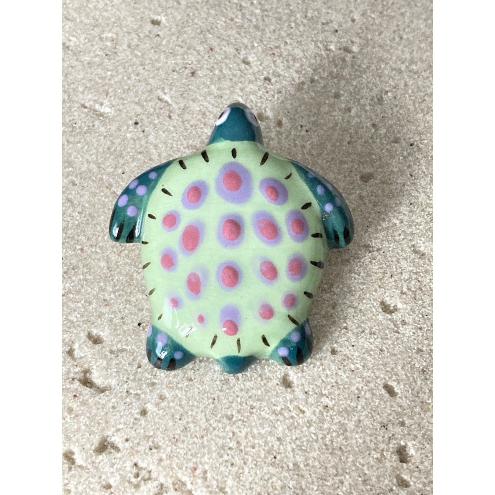 Hand Painted Sea Turtle Brooch Ceramic Green‎ Pink Purple Animal Beachy Coastal